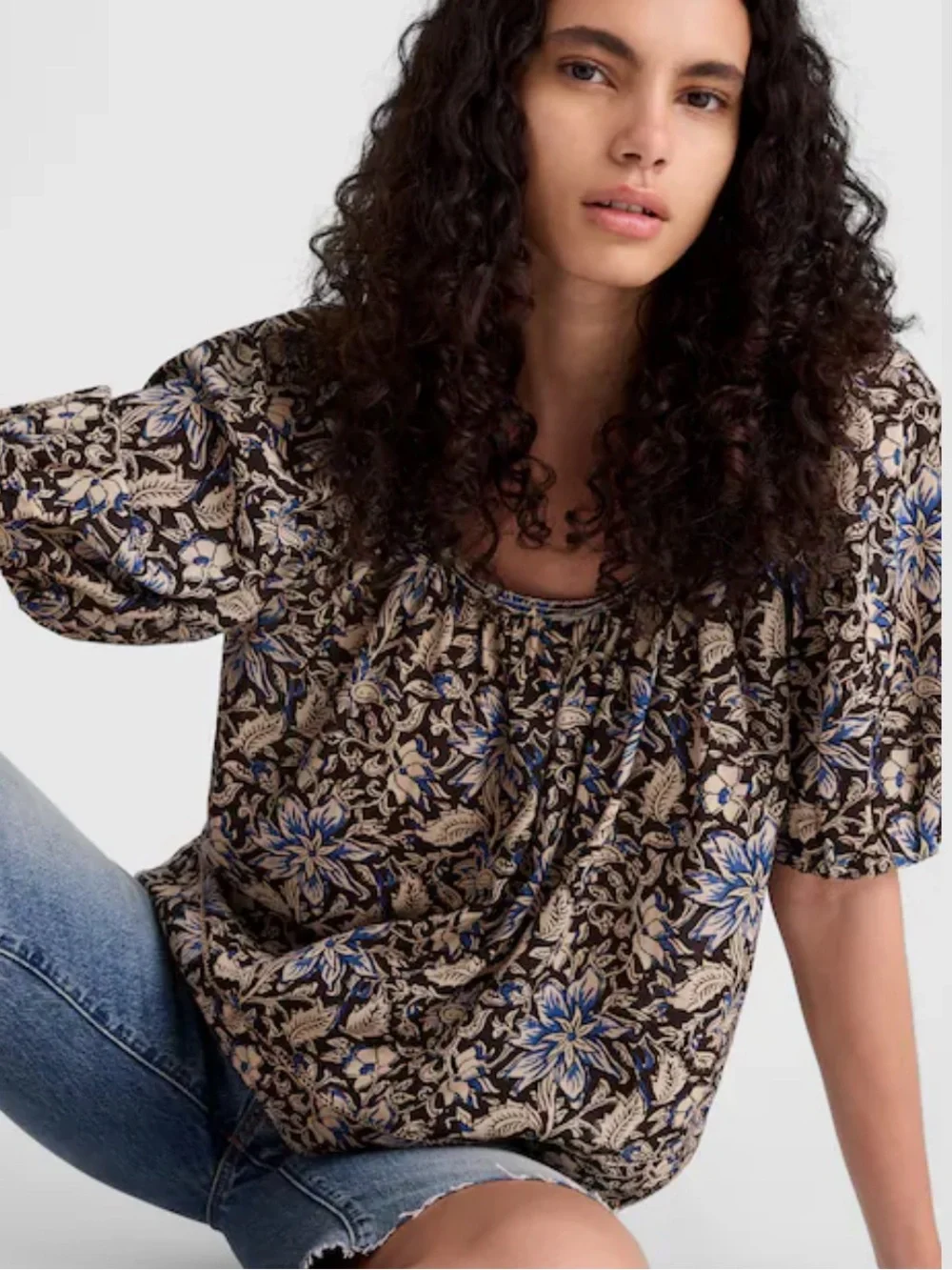 NWOT Madewell Floral Puff-Sleeve Scoopneck Top